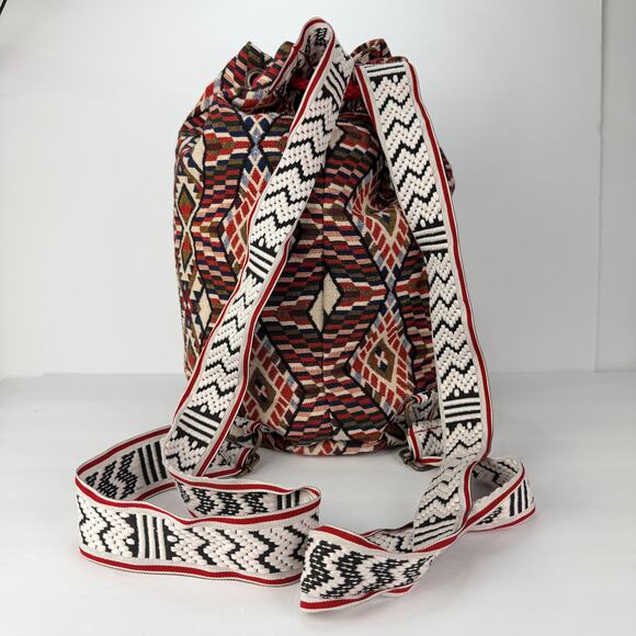 EUC Tapestry Southwest Aztec Tribal Boho Hippie Drawstring Large Backpack India - Picture 2 of 11